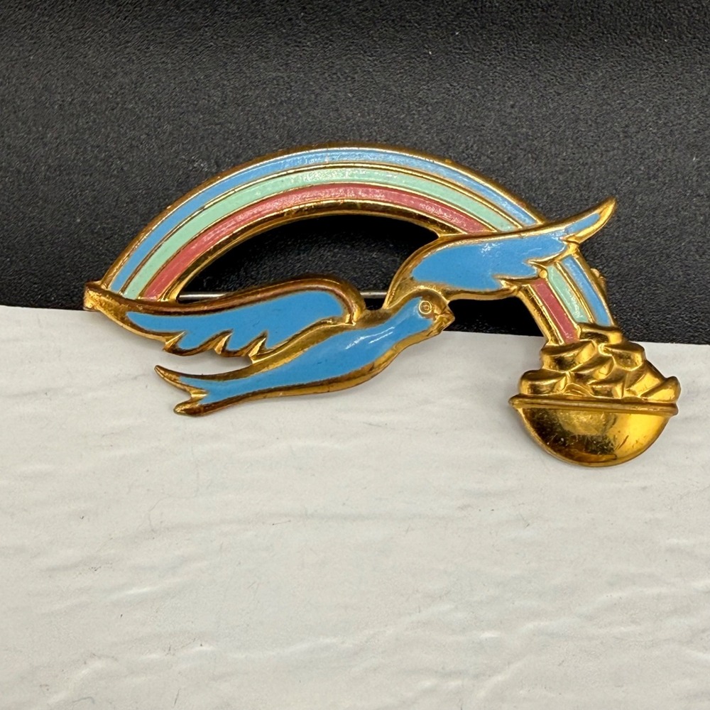 Vintage Estate Bird Brooch Gold Rainbow Enamel Peace Dove 2"